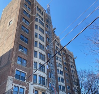 High-rise Chicago brick building masonry restoration in progress